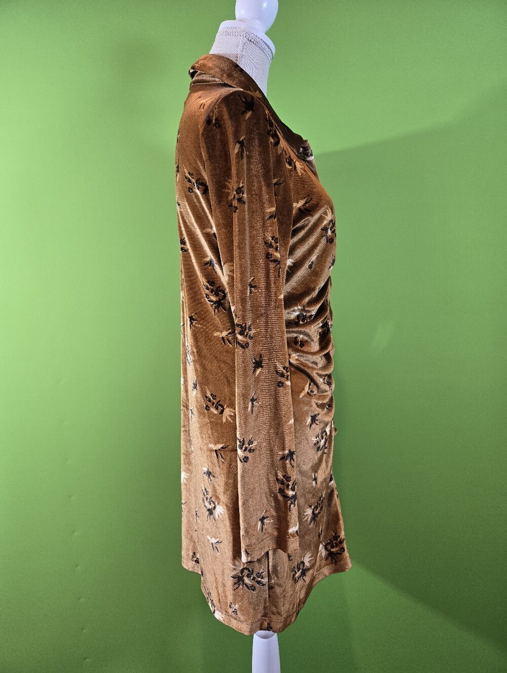 House of Harlow 1960 Velvet Ruched Mini Dress Brown Floral Long Sleeve MEDIUM - Picture 6 of 11